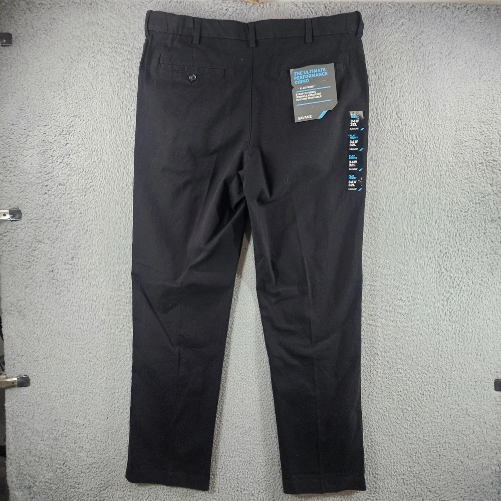 Savane Ultimate Performance Chino Mens 34x32 Black Flat Front Stretch Pants‎ NEW